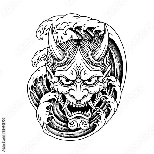Japanese Oni mask with fierce expression and horns surrounded by waves.
