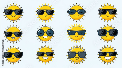 Happy Sun Characters Wearing Different Sunglasses for Summer Fun
