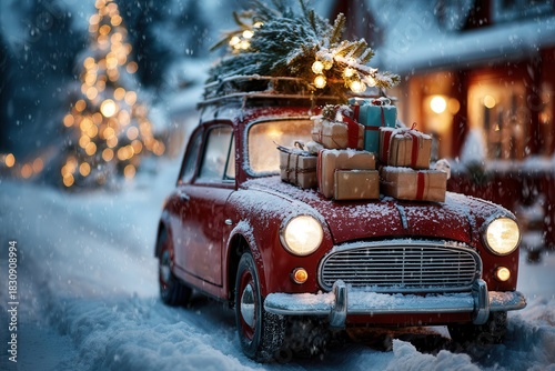 vintage red car covered with fresh snow, large Christmas tree tied on the roof, wrapped gift boxes with ribbons