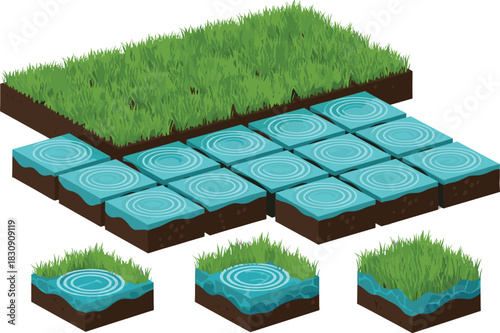 Isometric game landscape grass and water tiles set, rain ripple effect on ground blocks, cartoon soil layers for mobile video games, fantasy terrain element kit, vector illustration.