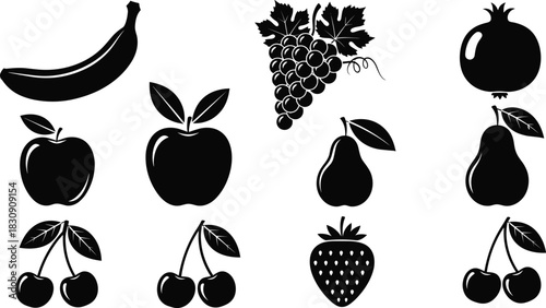 Large black fruit silhouettes collection, various organic food, healthy dessert and natural snack icons, apple, banana, cherry, grape, pear, and pomegranate vector set, isolated background.