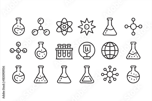 Chemistry Lab Line Icons with Molecules, Flasks, and Test Tubes