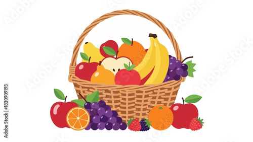 Vibrant Cartoon Illustration of a Wicker Basket Overflowing with Diverse Fresh Fruits and Berries, Representing Healthy Eating and Abundance