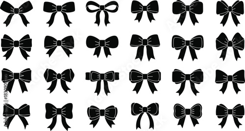 Large Collection of Black Bow Silhouettes Vector Set, Showing Many Different Shapes, Styles, and Ribbon Knots, Ideal for Gift Wrapping, Decoration, Holiday Packaging, and Fashion Accessory Design.