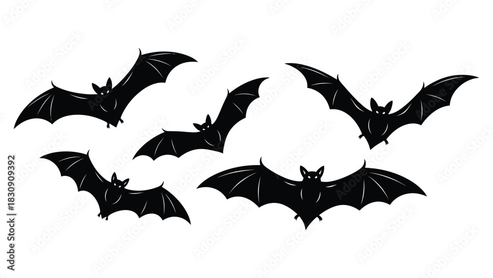 Naklejka premium A spooky flock of five silhouetted bats flying in formation against a white background