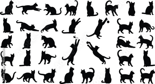 Large collection of domestic cat black silhouettes, various sitting, walking, playing, and jumping poses set, kitten figures vector illustrations, pet animal shape 