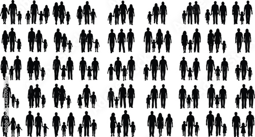 Large collection of family group silhouettes, including parents and children in various combinations and poses, representing generational connection, togetherness, love, people groups