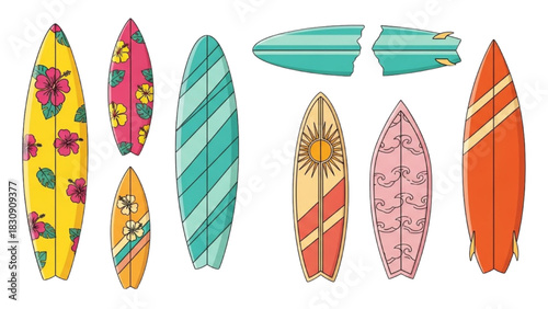 Collection of colorful surfboards with floral and geometric patterns for summer fun