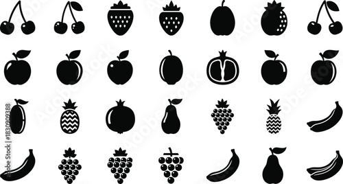 Large Collection of Fruit Silhouettes Vector Set, Featuring Cherries, Strawberries, Apples, Bananas, Pomegranates, Pears, Grapes, and Pineapples, Ideal for Diet, Healthy Eating
