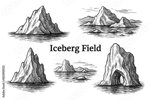Iceberg field seascape in vintage engraving style, Transparent Background