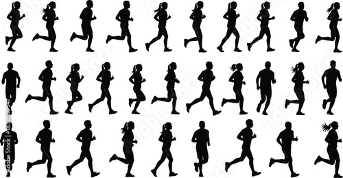 Large Collection of Running Silhouettes Vector Set, Featuring Male and Female Runners in Various Stride Poses, Ideal for Fitness, Marathon Training, Exercise, Sports, and Health Promotion Graphics.