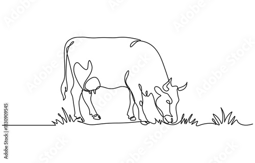 Cow on pasture in continuous line art drawing style. Grazing cow minimalist black linear sketch isolated on transparent background