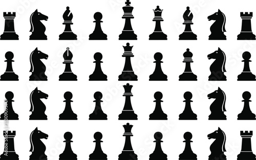 Large collection of various black vector chess piece silhouettes, including king, queen, bishop, knight, rook, and pawn, symbolizing strategy, competition, intelligence, game theory