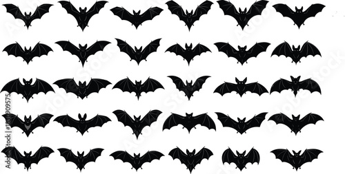 Large collection of thirty black vector bat silhouettes in various flight poses and wing shapes, representing Halloween, spooky concepts, nocturnal animals, horror, vampire themes, 