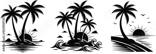 Silhouetted tropical islands with palm trees and ocean waves at sunset