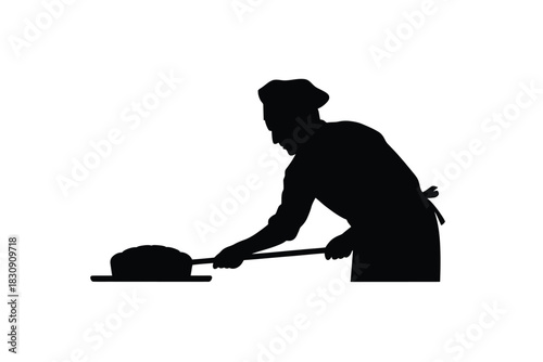 Silhouette of baker placing bread in oven with peel