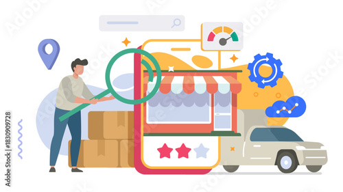 Man review online internet store shop website on mobile cell phone concept vector modern graphic illustration design, virtual ecommerce retail website development project inspection, web site analysis