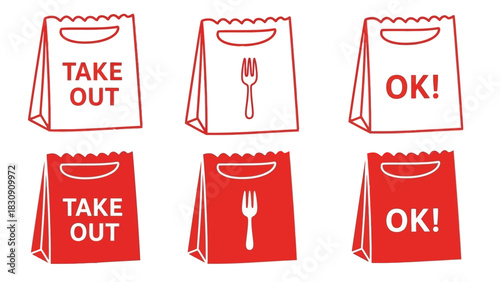 Takeout Bags Set with Fork and OK Message in Red and White