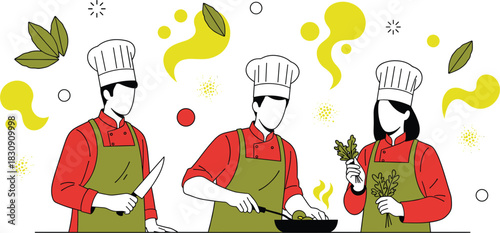 Professional chef team cooking gourmet food in a restaurant kitchen with uniform, apron, and chef hats, representing culinary expertise and teamwork
