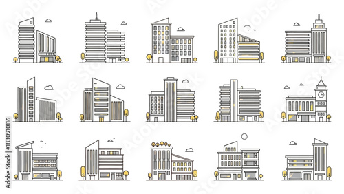A diverse collection of modern city buildings in a clean, minimalistic line art style, perfect for architectural and urban design projects