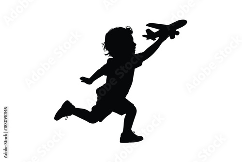 Silhouette of child running and holding toy airplane against white background