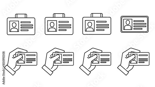 Modern Line Art Vector Icon Set for Identity Management, Featuring ID Cards and Hands Holding Identification Badges