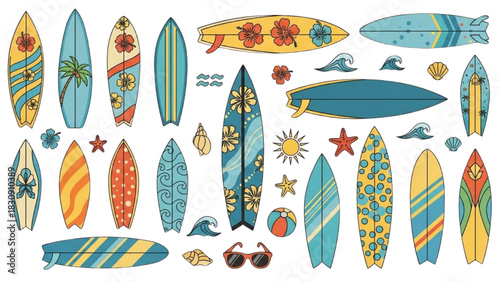 Collection of colorful hand-drawn doodle surfboards and summer beach icons on a white background