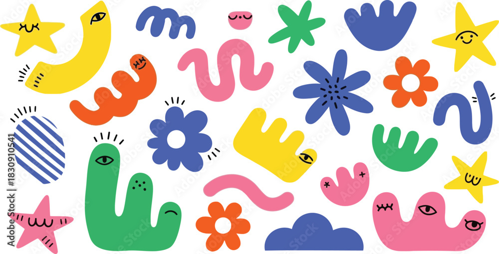 Fototapeta premium Vibrant collection of whimsical abstract shapes and characters with playful eyes