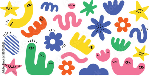 Vibrant collection of whimsical abstract shapes and characters with playful eyes