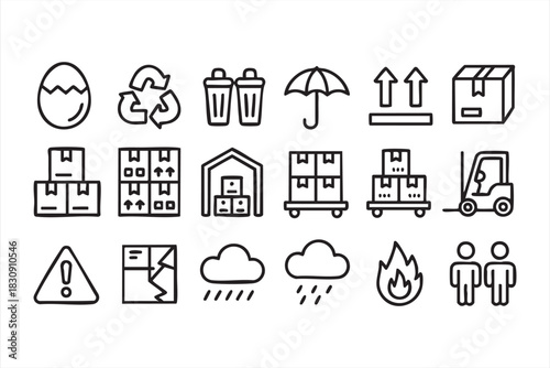 Vector Logistics Icons for Cargo Safety, Freight Distribution, and Storage Systems