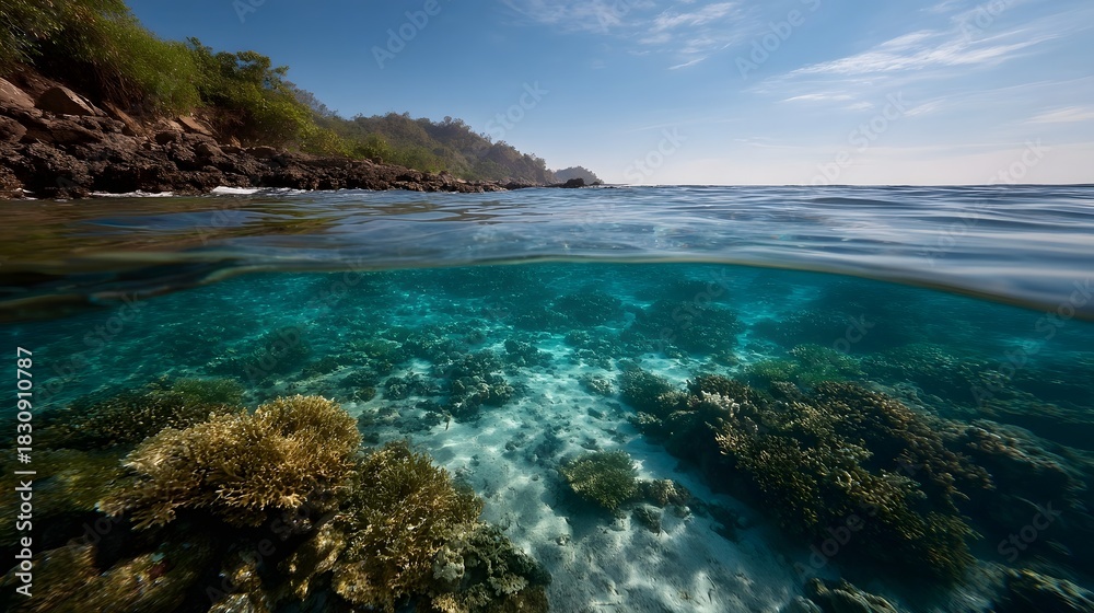 Fototapeta premium Split view of a tropical coastline revealing a vibrant coral reef and lush vegetation under a blue sky