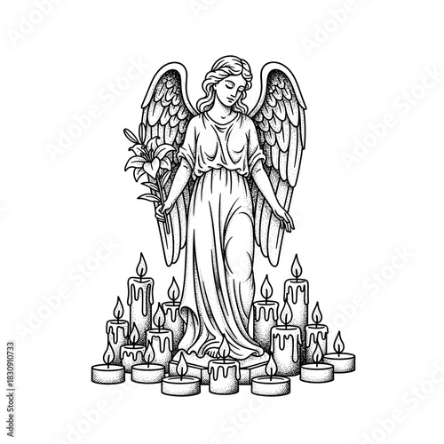 Elegant Angel Holding Lily Surrounded by Candles in a Serene Scene.
