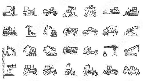 Vector line icons for heavy construction and industrial machinery, showing excavators, bulldozers, cranes, and various equipment for engineering projects