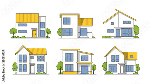 Set of six modern detached family houses in a simple outline style. Vector illustration for real estate, architecture, and suburban living concepts