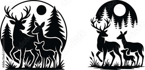 Silhouette of majestic deer family in a forest landscape under the moon