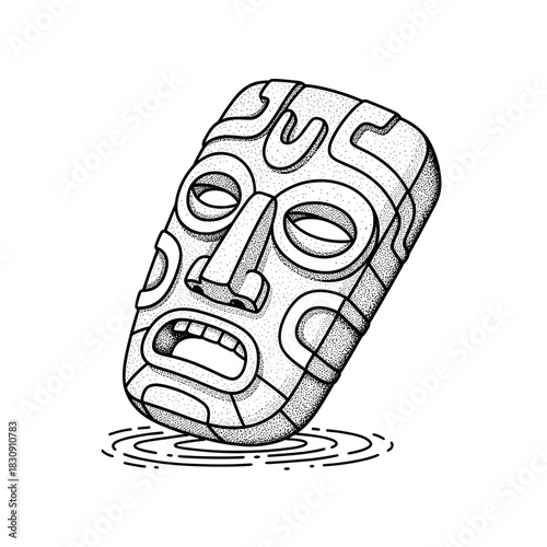 Ancient Tribal Mask Emerging from Water with Intricate Carvings.