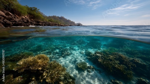 Fototapeta Naklejka Na Ścianę i Meble -  Split view of a tropical coastline revealing a vibrant coral reef and lush vegetation under a blue sky