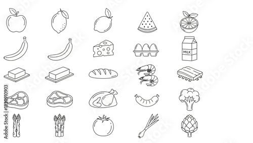 Outline Food Icons Apple, Banana, Lemon, Watermelon, Orange, Cheese, Eggs, Milk, and More, Vector Graphics