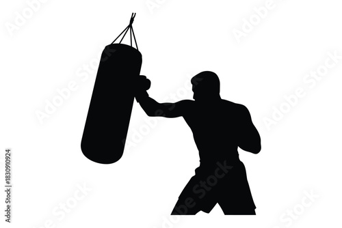 Silhouette of a boxer training with a punching bag on white