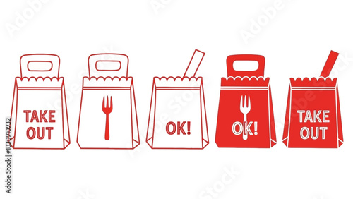 Take out bags and food icons illustrating restaurant delivery service convenience