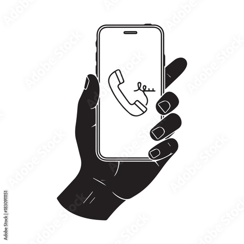 Black Hand holding phone line icon. Communication, call, send a message, smartphone, device, personal, user, internet connection. Technology concept. Vector line icon for Business and Advertising