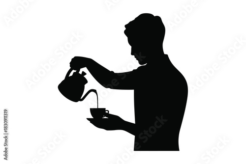 Silhouette of a man pouring tea from a teapot into a cup