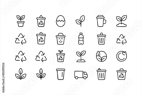 Minimal Line Icons of Plants, Recycle Marks, Trash Bins, and Compost Containers