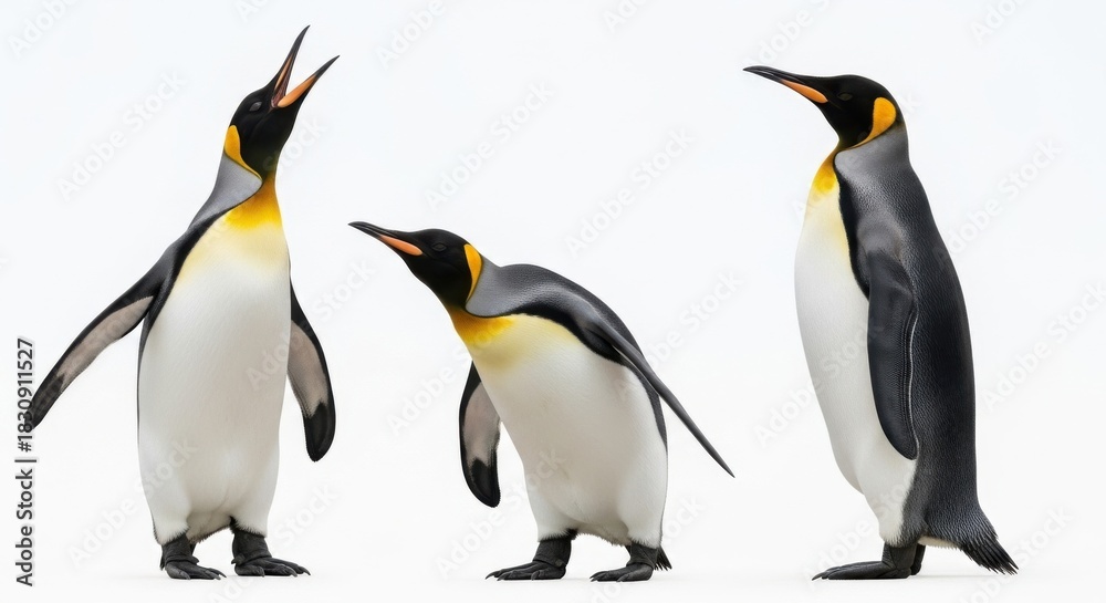 Fototapeta premium Three king penguins standing on white background.