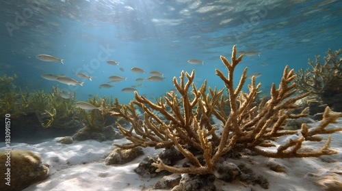 Fototapeta Naklejka Na Ścianę i Meble -  School of fish swims over coral reef in clear sunlit ocean