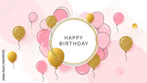 Elegant Birthday Celebration Background with Stylish Pink and Gold Glitter Balloons and Festive Greeting for Party Invitation