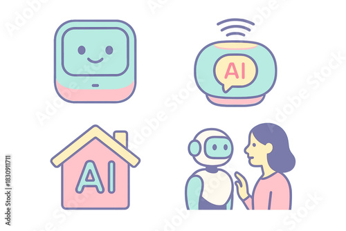 Pastel icons set for smart home devices, robotics, and artificial intelligence concepts