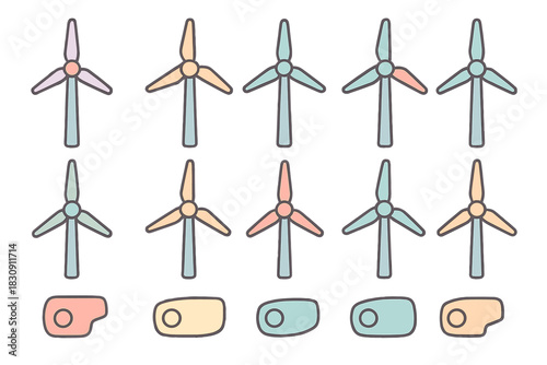 Set of ten wind power generators in pastel colors for renewable energy concepts