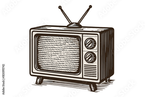 Detailed vintage television receiver with rabbit ear antenna and control knobs in a classic retro style