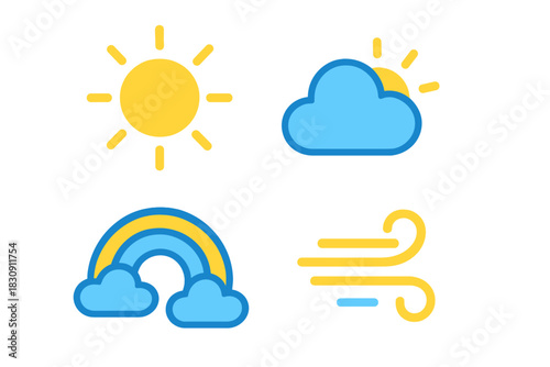 Essential weather forecast symbols set including bright sun, cloudy sky, rainbow, and strong wind icons